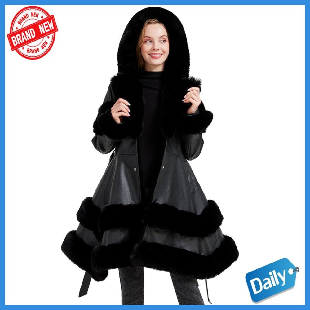 Women's Faux Fur Lined Hooded Long Coat Winter Jacket Warm